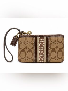 Coach Brown Signature Canvas Wristlet with Center Stripe